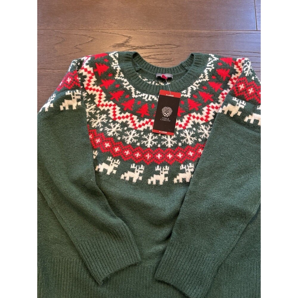 Vince Camuto Women XL Holiday Christmas Sweater Green Fair Isle Reindeer NWT - Picture 2 of 10